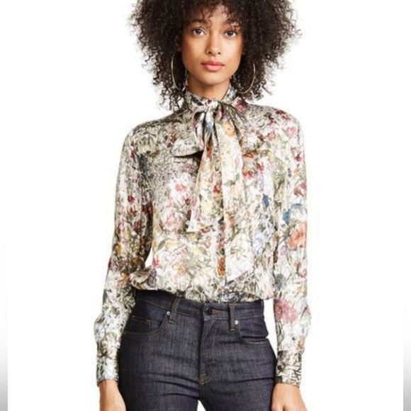 TORY BURCH Tie Neck Metallic Floral Blouse In Melody Floral Size 0 - Picture 4 of 10